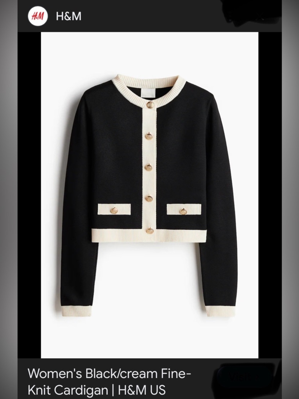 H&M Black and Cream Cropped Fine-Knit Cardigan